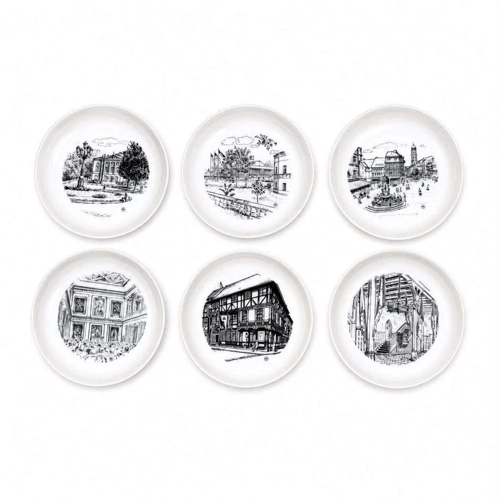 Furstenberg Stadt Gottingen West Germany Porcelain Plate Set 7pc Black White